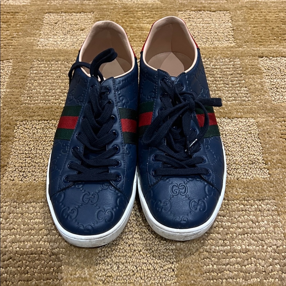 Gucci Navy Sneakers with Red and Green Accents